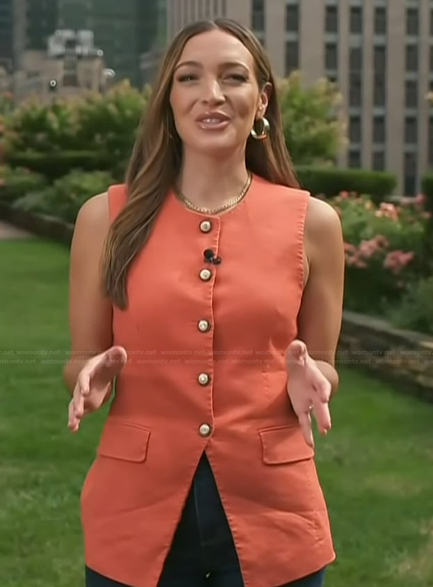Emily’s coral button vest on Access Hollywood