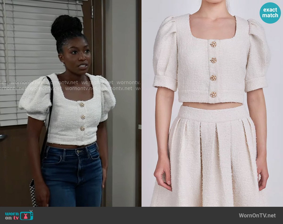 Endless Rose Cropped Tweed Puff Sleeve Top worn by Trina Robinson (Tabyana Ali) on General Hospital