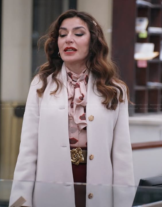 Esmerelda’s pink printed tie neck blouse on The Paper