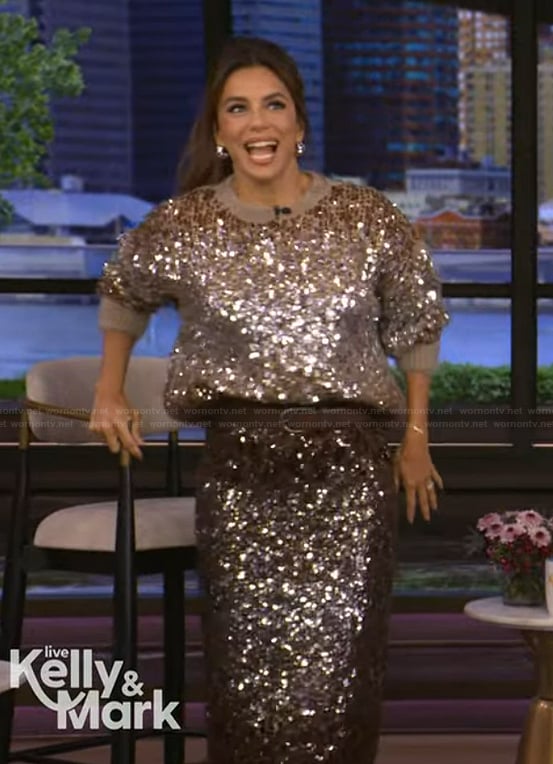 Eva Longoria Baston's sequin sweater and skirt on Live with Kelly and Mark