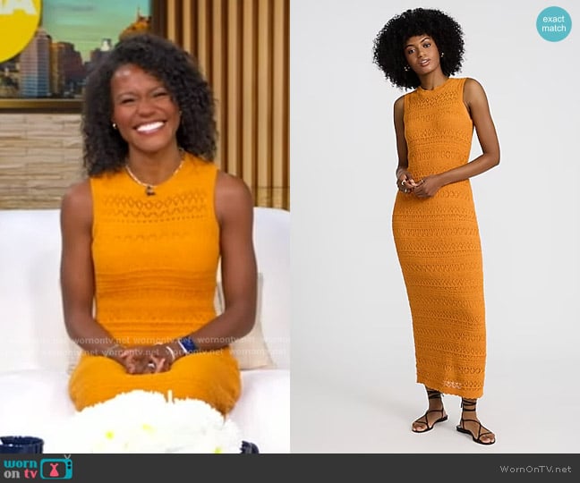 Express Crochet Crew Neck Sleeveless Midi Sweater Dress in amber1574 worn by Janai Norman on Good Morning America