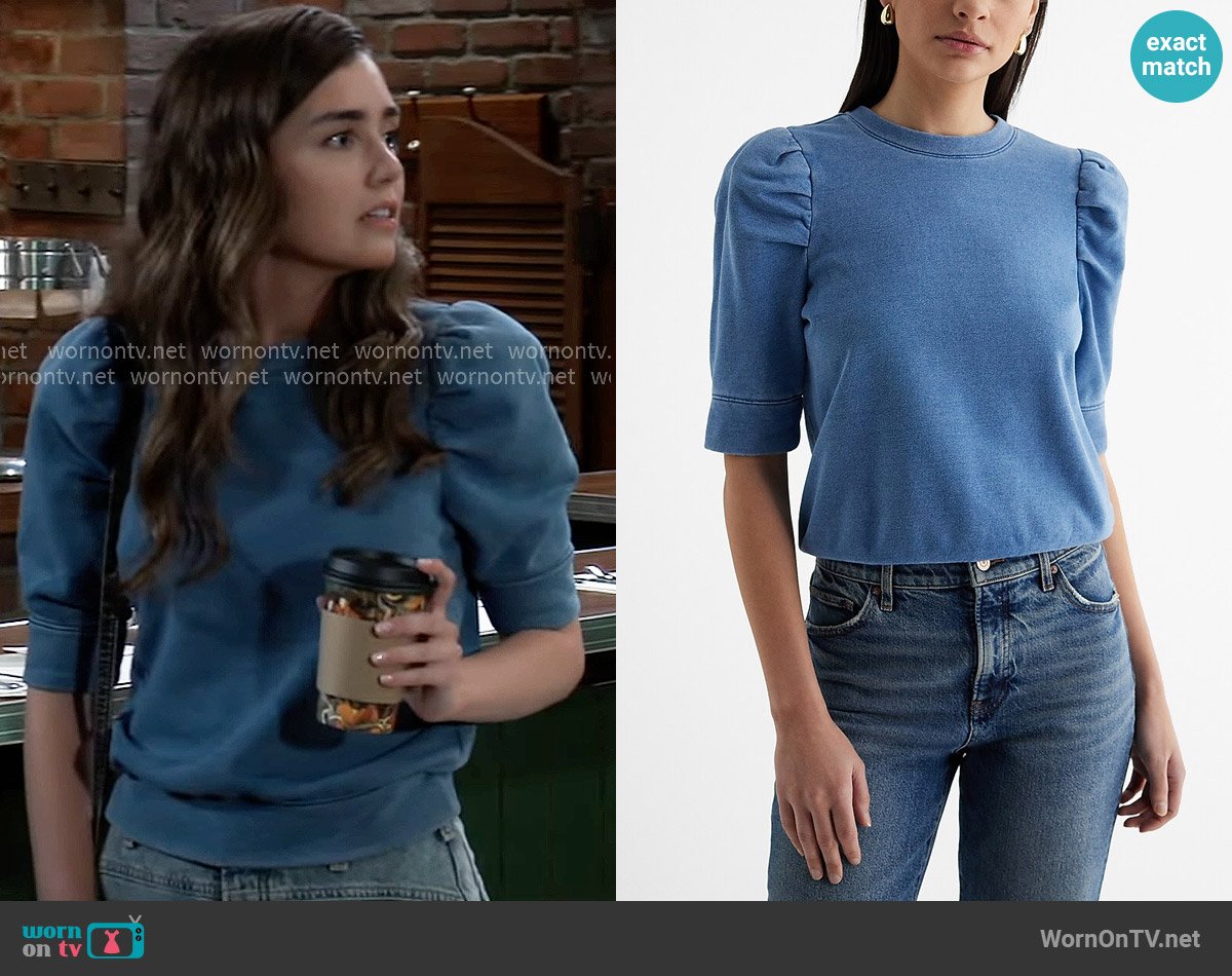 Express Washed Crew Neck Short Puff Sleeve Fleece Sweatshirt worn by Emma Scorpio-Drake (Braedyn Bruner) on General Hospital