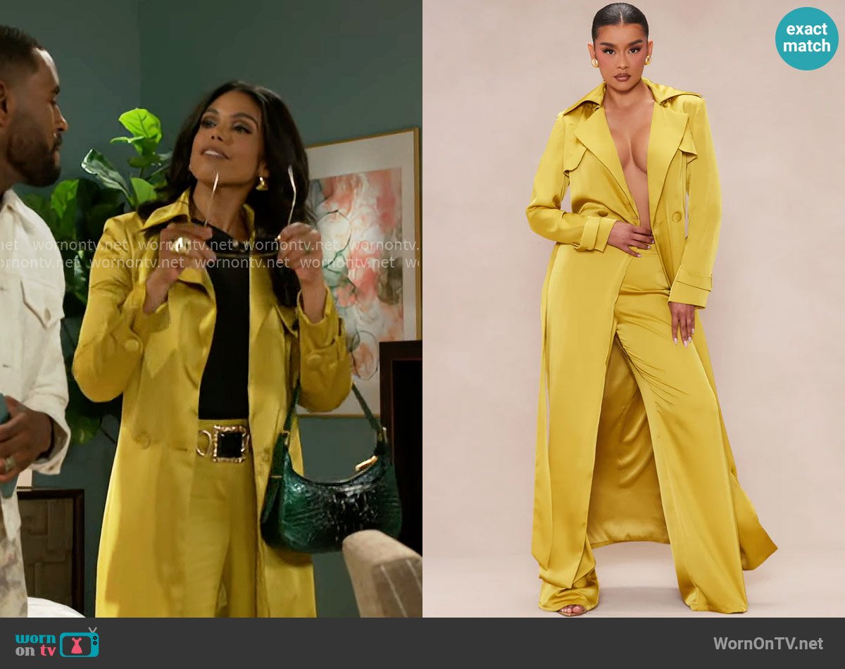 Fashion Nova Gabriella Satin Trench Coat And Pant Set in Chartreuse worn by Dani Dupree (Karla Mosley) on Beyond the Gates