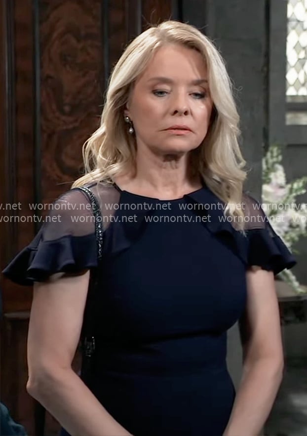 Felicia’s navy sheer-shoulder dress on General Hospital