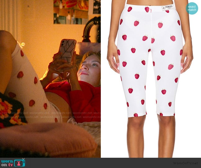 Fiorucci Raspberry Print Biker Shorts worn by Amanda (Kelley Pereira) on The Runarounds