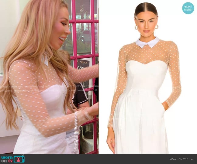 Fleur du Mal Collared Bodysuit with Dotted Tulle worn by Lisa Hochstein (Lisa Hochstein) on The Real Housewives of Miami
