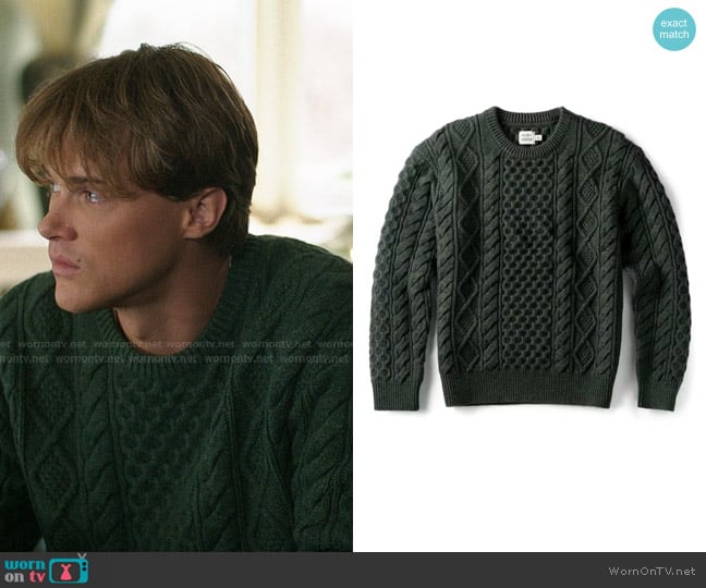 Flint and Tinder Aran Cable Knit Crewneck Sweater in Heather Pine worn by Conrad (Christopher Briney) on The Summer I Turned Pretty