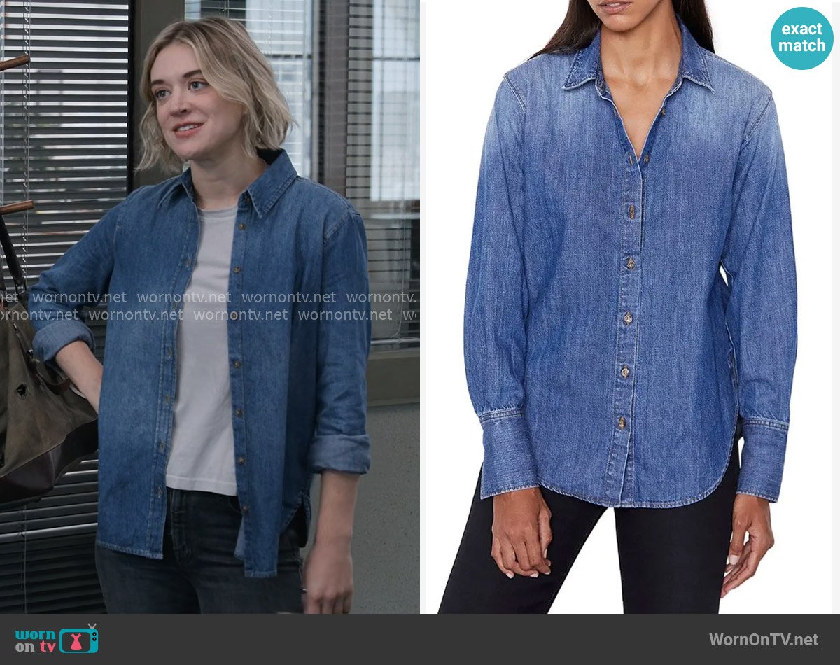 Frame Le Italien Cotton Button-Up Shirt In Venice Blue worn by Mare Pritti (Chelsea Frei) on The Paper