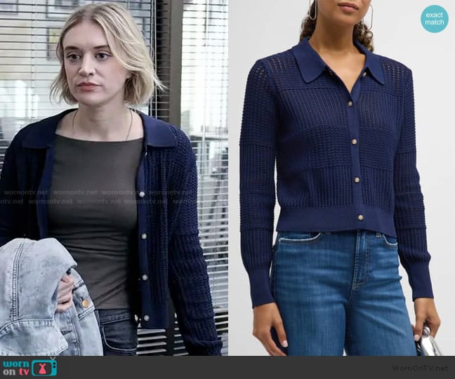 Frame  Shrunken crochet cardigan worn by Mare Pritti (Chelsea Frei) on The Paper