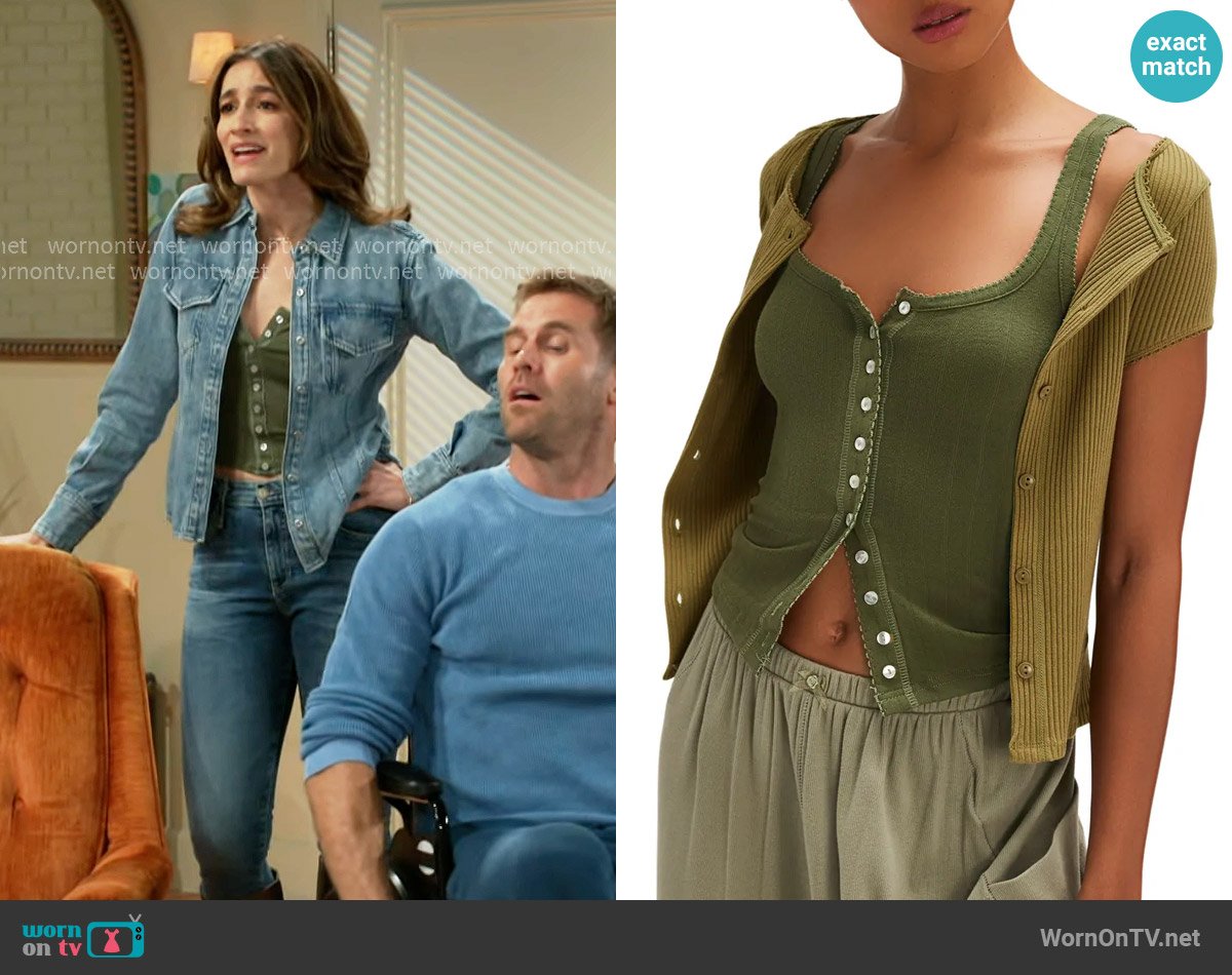 Free People End Game Pointelle Button-Up Tank in Army worn by Ashley Morgan (Jen Jacob) on Beyond the Gates