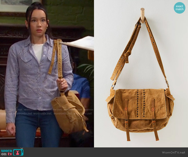 Free People Zevon Distressed Messenger Bag in Desert Dune worn by Sophia Choi (Rachel Boyd) on Days of our Lives