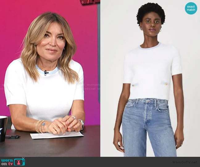 French Connection Babysoft Short Sleeve Top in Summer White/Sky Blue worn by Kit Hoover on Access Hollywood