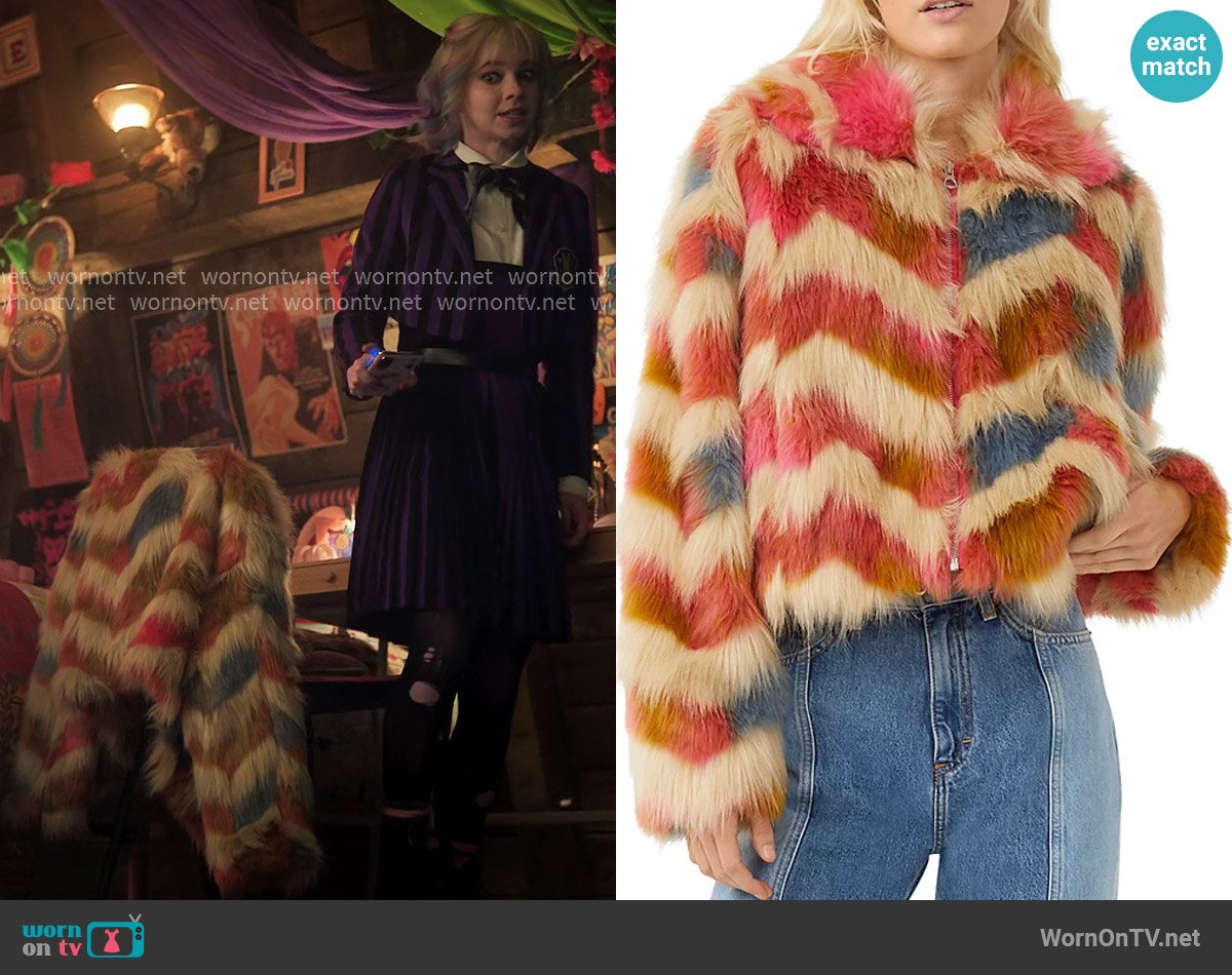 French Connection Dallow Chevron Faux Fur Jacket worn by Enid Sinclair (Emma Myers) on Wednesday