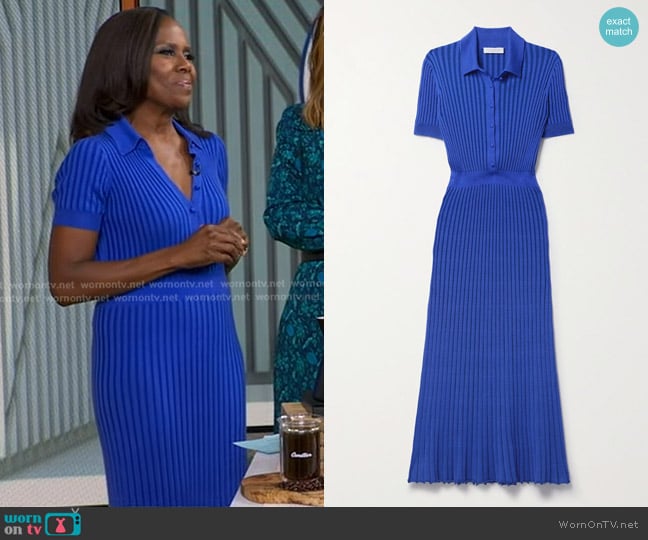 Gabriela Hearst Amor Ribbed Cashmere And Silk-blend Midi Dress in Blue worn by Deborah Roberts on Good Morning America