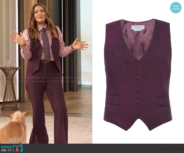 Gabriela Hearst Coleridge Vest in Bordeaux Virgin Wool worn by Drew Barrymore on The Drew Barrymore Show