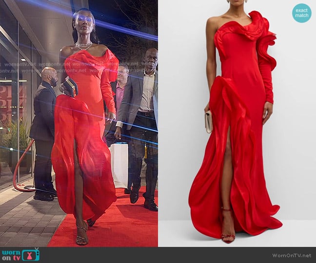 Gaurav Gupt Ruffle One-Shoulder Side-Slit Evening Gown worn by Kiki Barth (Kiki Barth) on The Real Housewives of Miami