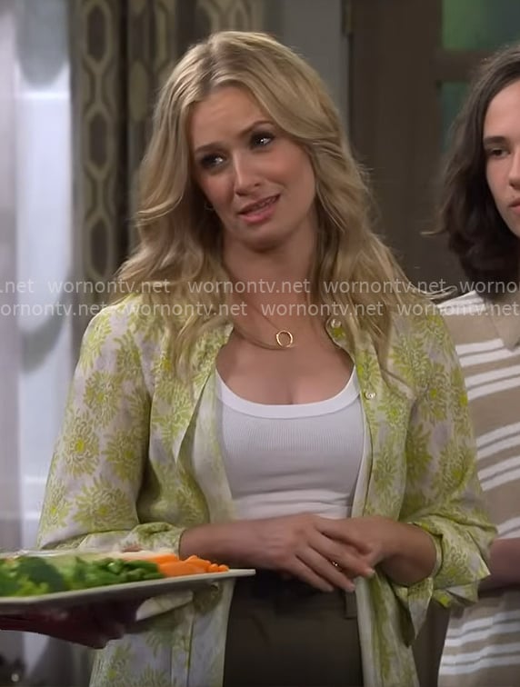 Gemma's lime green floral button down shirt on The Neighborhood