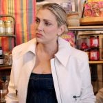 Gina’s white jacket and denim corset on The Real Housewives of Orange County