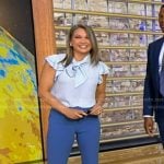 Ginger’s blue tie neck blouse and flare pants on Good Morning America