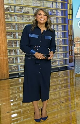 Ginger’s navy belted shirtdress on Good Morning America
