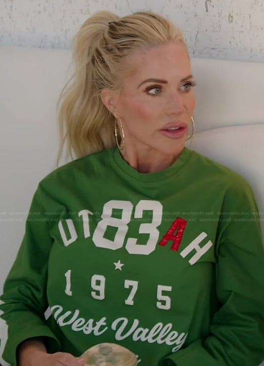 Gretchen’s green printed sweatshirt on The Real Housewives of Orange County