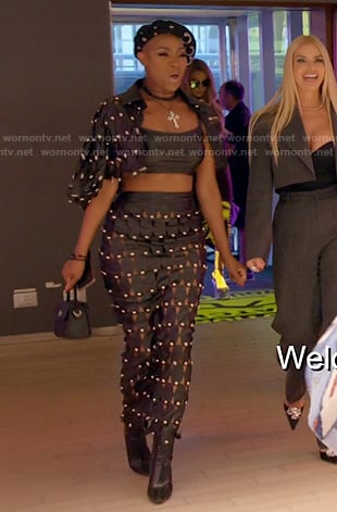 Guerdy's black studded leather jacket and skirt on The Real Housewives of Miami