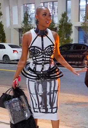 Guerdy's white print dress and peplum corset top on The Real Housewives of Miami