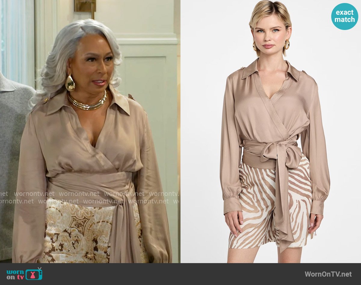 Guess Dorian Wrap Blouse in Beige worn by Anita Dupree (Tamara Tunie) on Beyond the Gates