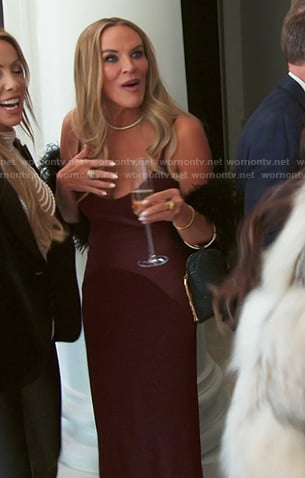 Heather's burgundy mesh panel dress on The Real Housewives of Salt Lake City