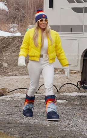 Heather's multicolor beanie and rainbow boots on The Real Housewives of Salt Lake City