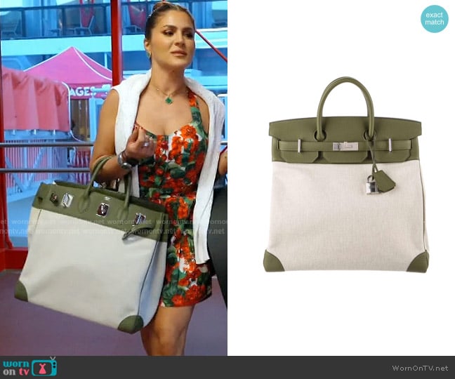Hermes Birkin Bag Toile and Green Clemence with Palladium Hardware worn by Stephanie Shojaee (Stephanie Shojaee) on The Real Housewives of Miami