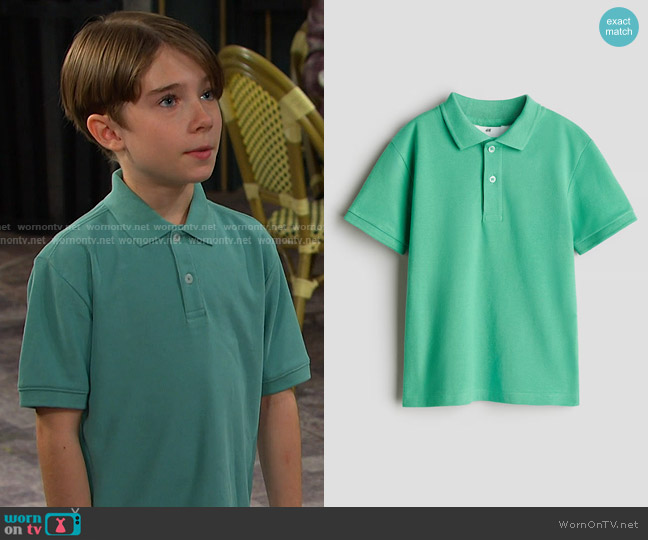 H&M Cotton Pique Polo Shirt in Green worn by Thomas DiMera (Cary Christopher) on Days of our Lives