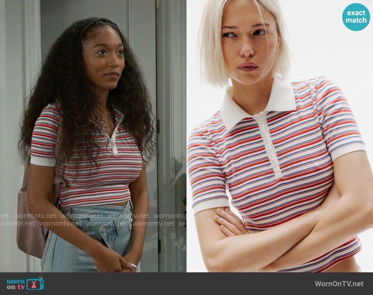 H&M Cotton Polo Shirt in Red/white striped worn by Samantha Richardson (Najah Jackson) on Beyond the Gates