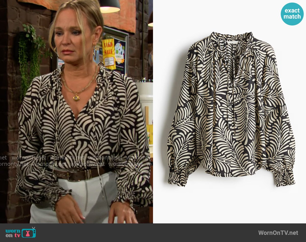 H&M Oversized Tie-Neck Blouse worn by Sharon Newman (Sharon Case) on The Young and the Restless