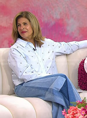 Hoda's blue embellished shirt and patchwork jeans on Today