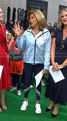 Hoda’s light blue track jacket and navy leggings on Today