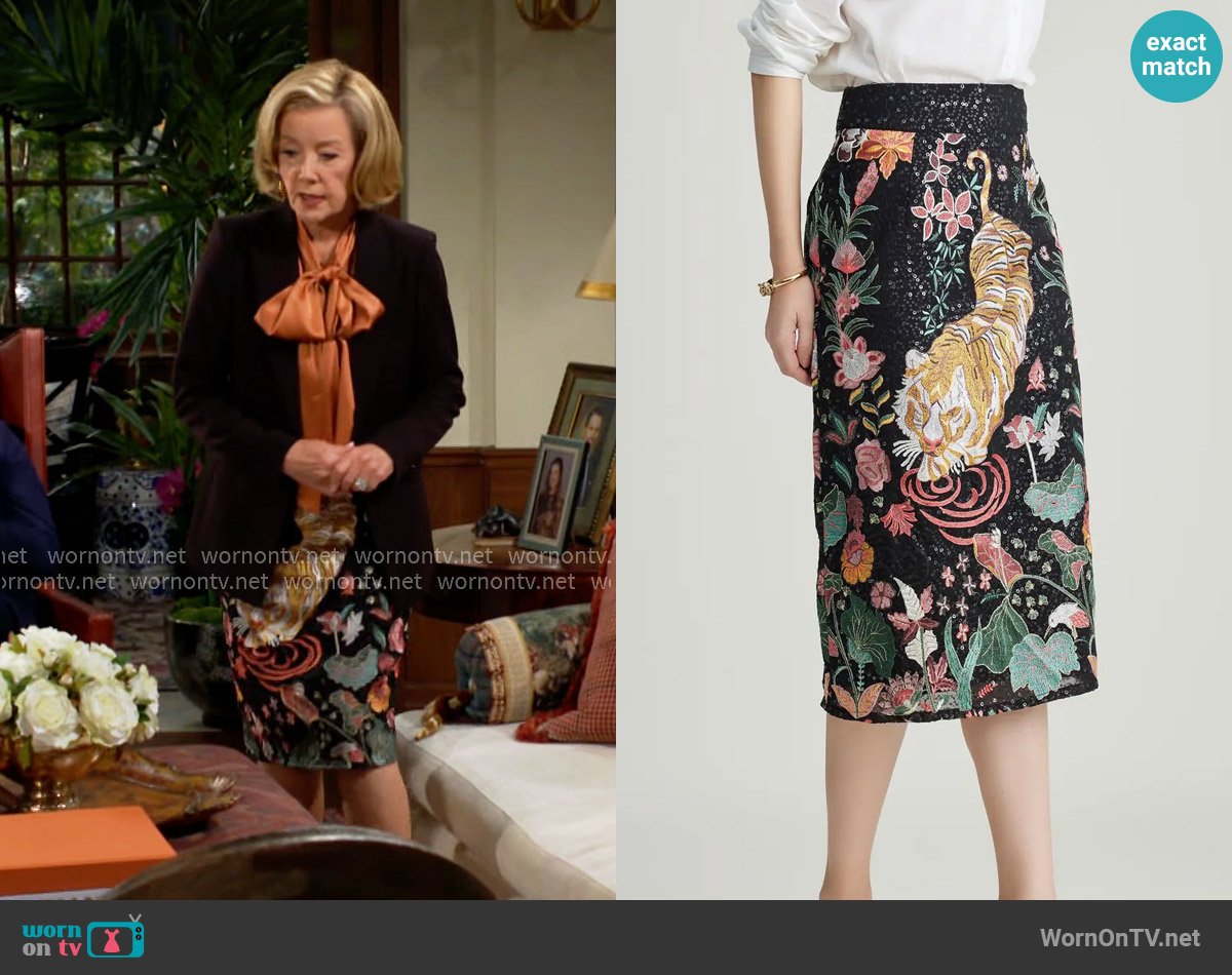 holiCHIC Embroidred Sequin Pencil Skirt worn by Nikki Reed Newman (Melody Thomas-Scott) on The Young and the Restless