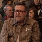 Howard’s khaki printed jacket on Only Murders in the Building