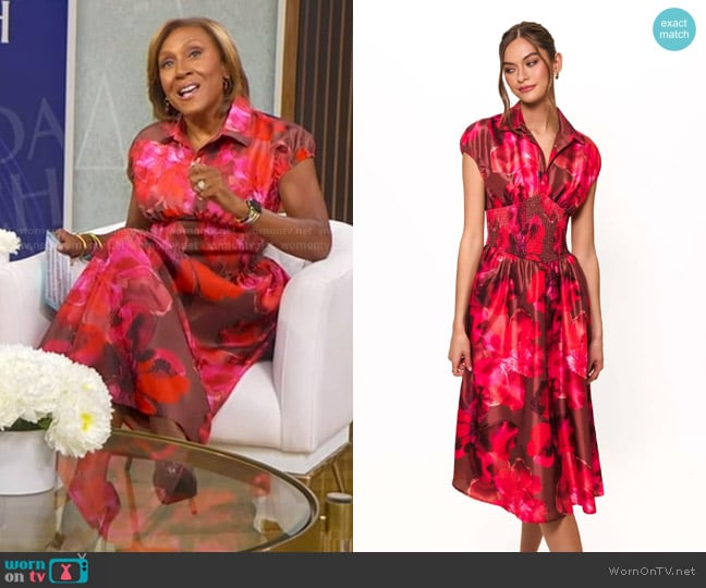 Hutch Trevy Dress in Rosewood Blotted Floral worn by Robin Roberts on Good Morning America