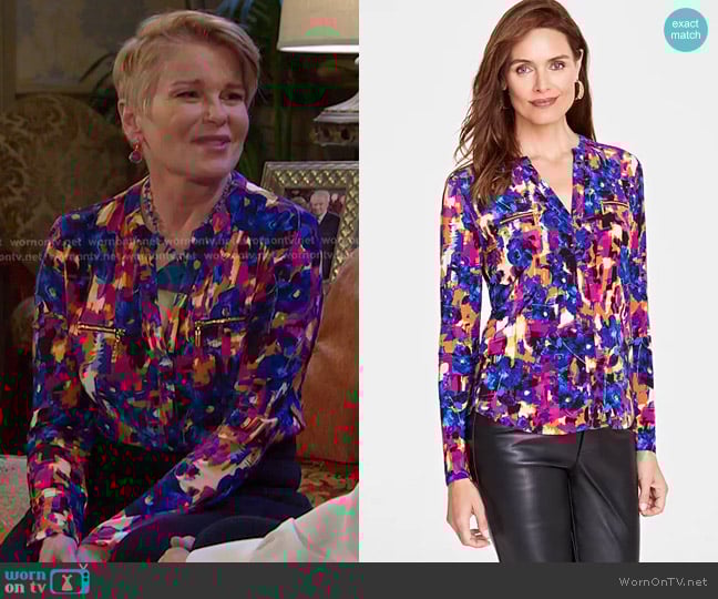 I.N.C. International Concepts Printed Zip-Pocket Long-Sleeve Top worn by Bonnie Lockhart (Judi Evans) on Days of our Lives