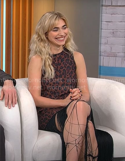 Imogen Poots's fringed leopard print dress on CBS Mornings