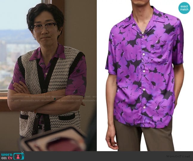 in Electric Purple by Allsaints Kaza Relaxed Fit Floral Camp Shirt worn by Daniel Kim (Tim Jo) on Reasonable Doubt