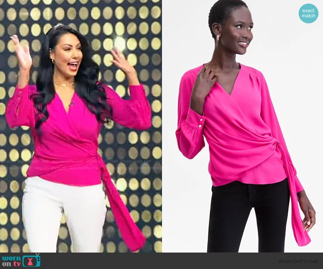 INC International Concepts Asymmetric-Tie Surplice Top worn by Christine Campbell Pate on Tamron Hall Show