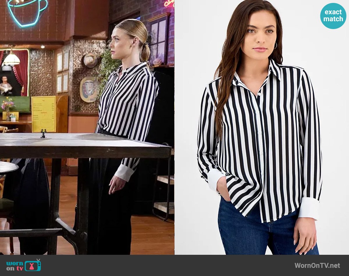 INC International Concepts Striped Contrast-Cuff Shirt worn by Claire Grace (Hayley Erin) on The Young and the Restless