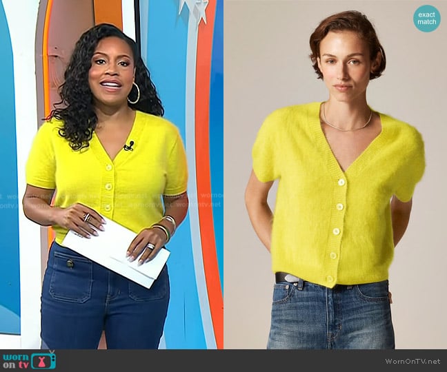 J. Crew Brushed Cashmere Short-sleeve Cardigan in Burnished Chartreuse worn by Sheinelle Jones on Today
