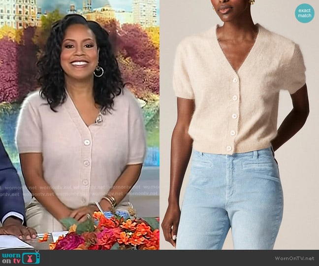 J. Crew Brushed Cashmere Short-sleeve Cardigan in Hthr Flax worn by Sheinelle Jones on Today