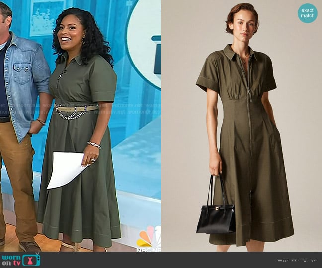 J. Crew Zip-up Shirt-dress in Cotton Poplin Dark Capers worn by Sheinelle Jones on Today