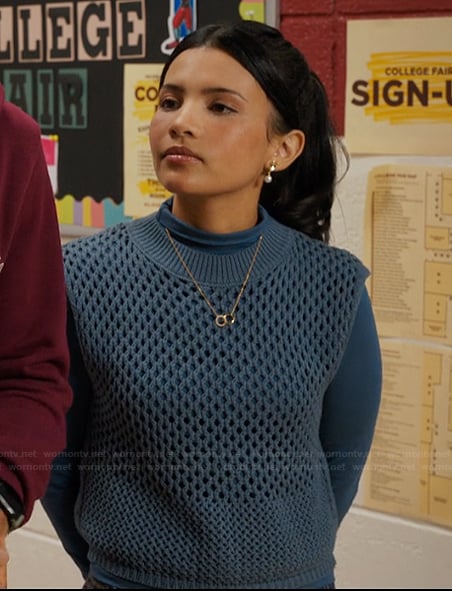 Jackie's blue knit sweater vest on My Life with the Walter Boys