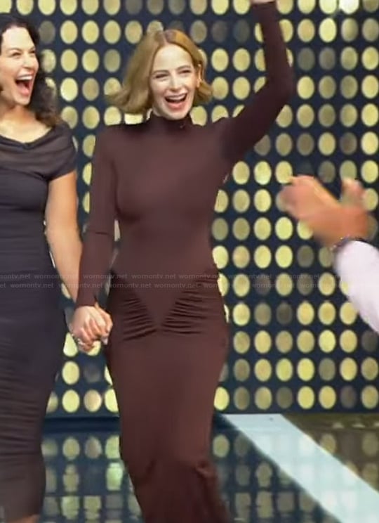 Jaime Ray Newman’s brown gathere mesh dress on Tamron Hall Show