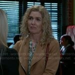 Jan’s green printed top and suede jacket on Beyond the Gates